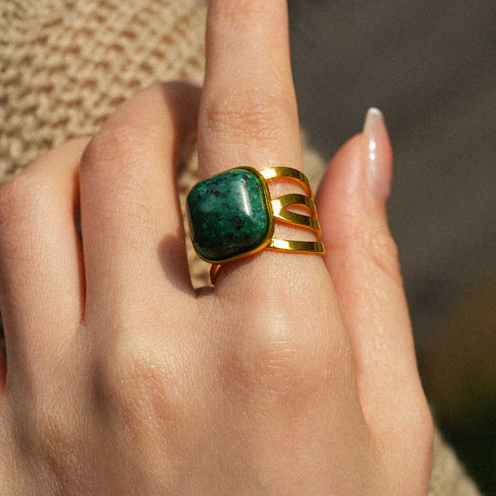 Forest Pulse Ring – adjustable gold ring with green marbled stone and leaf detail