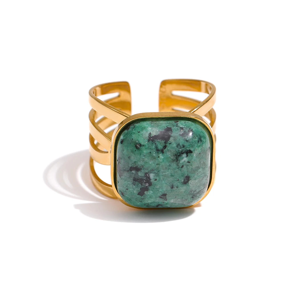Forest Pulse Ring – adjustable gold ring with green marbled stone and leaf detail