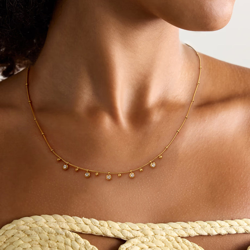 Droplet Charm Necklace – dainty gold charm necklace with bezel-set stones