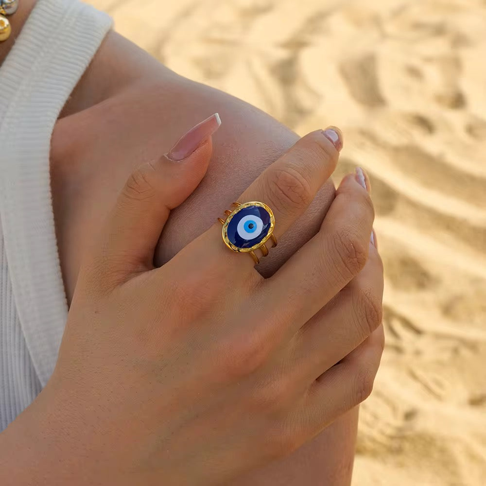 Evil Eye Statement Ring – adjustable gold evil eye ring with enamel