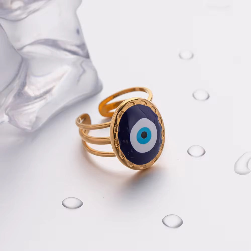 Evil Eye Statement Ring – adjustable gold evil eye ring with enamel