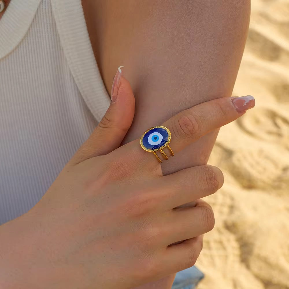 Evil Eye Statement Ring – adjustable gold evil eye ring with enamel