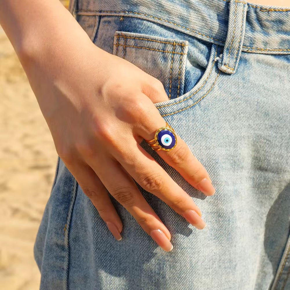 Evil Eye Statement Ring – adjustable gold evil eye ring with enamel