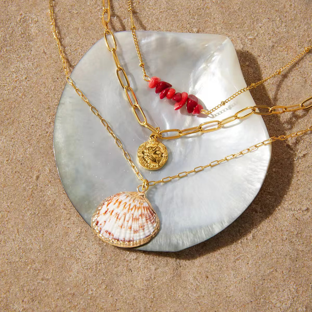 Crimson Coastal Layered Set – gold layered necklace set