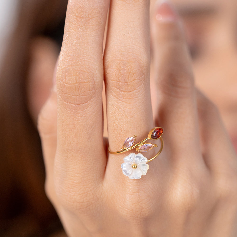 Pink Crystal & Flower Ring – adjustable gold ring