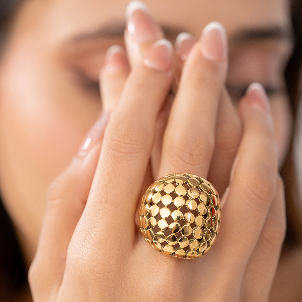 Honeycomb Latte Ring – gold dome statement ring with honeycomb texture