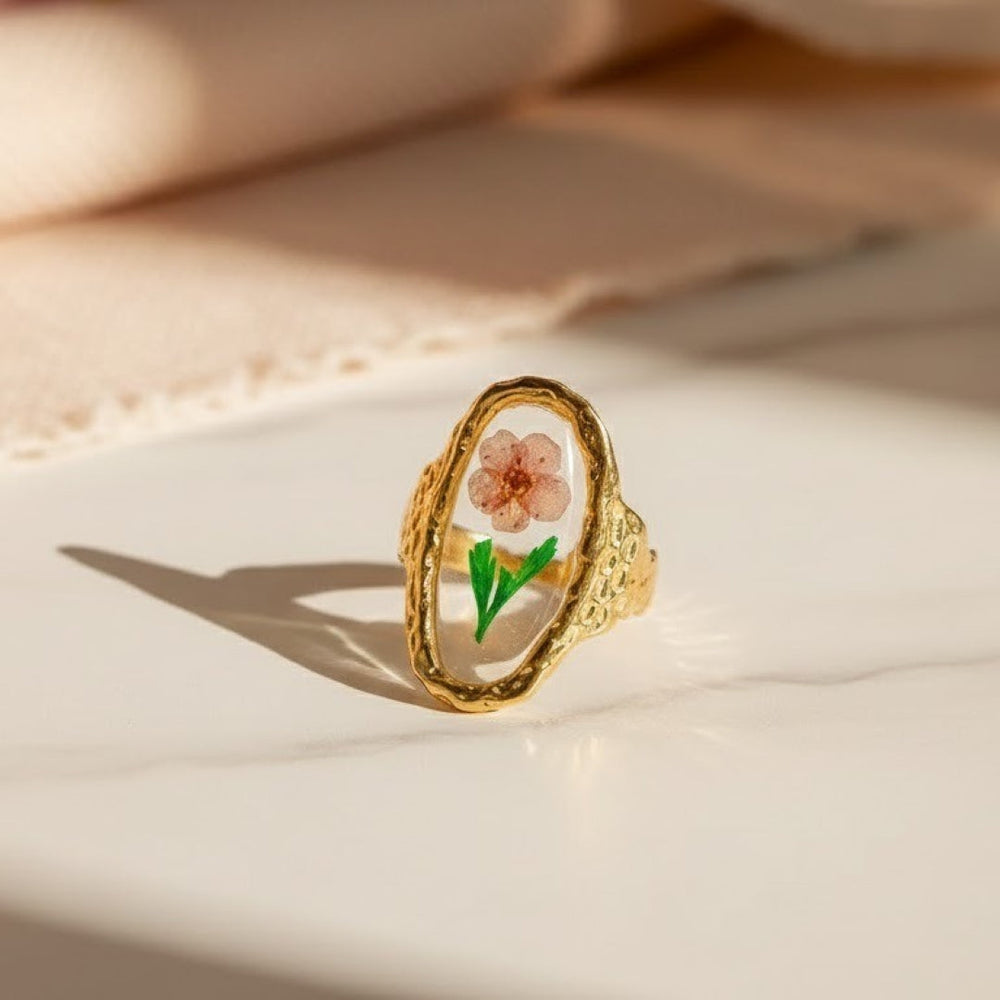 Wild Bloom Club – Pick Your Mood Ring – adjustable gold ring with real dried flowers in resin