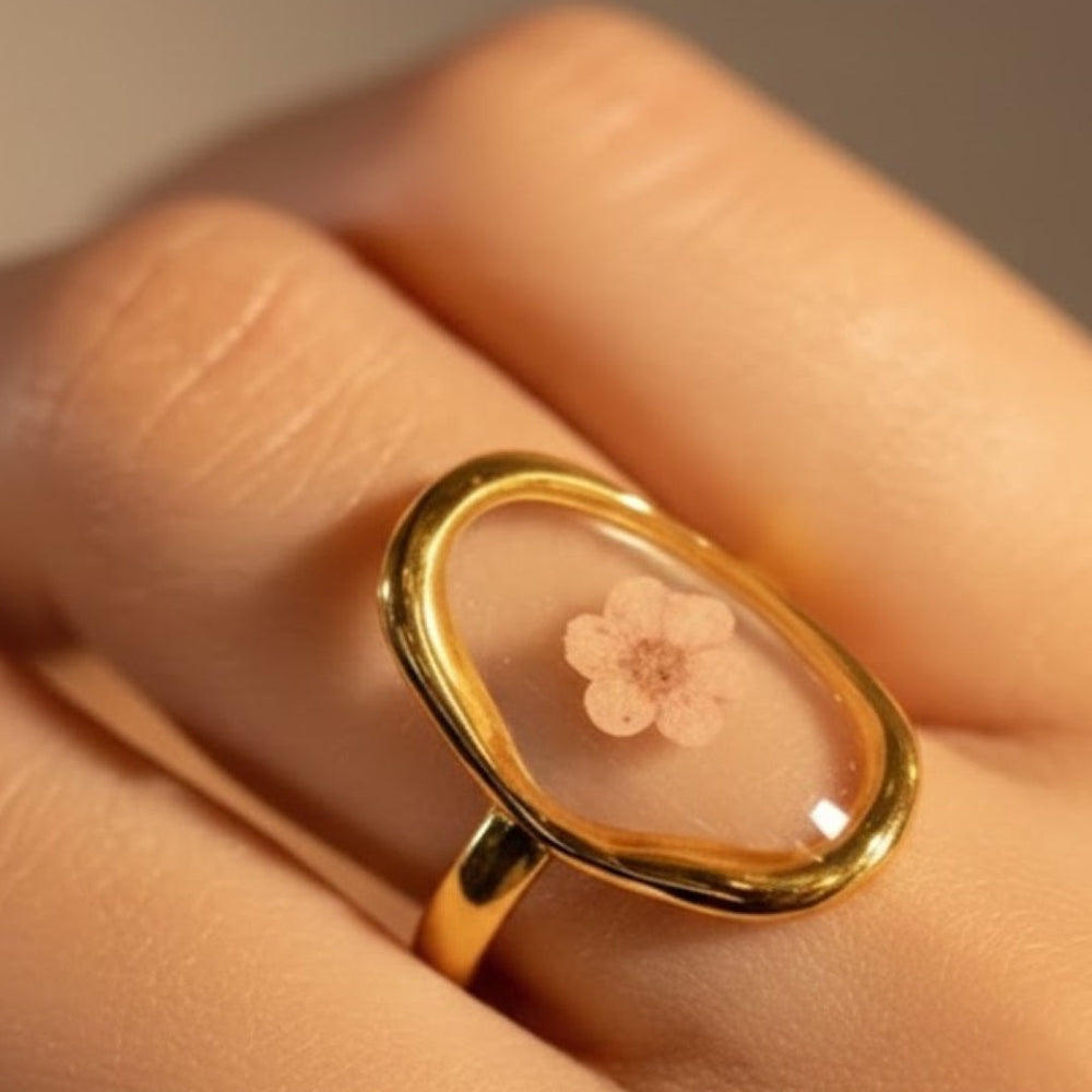 Wild Bloom Club – Pick Your Mood Ring – adjustable gold ring with real dried flowers in resin