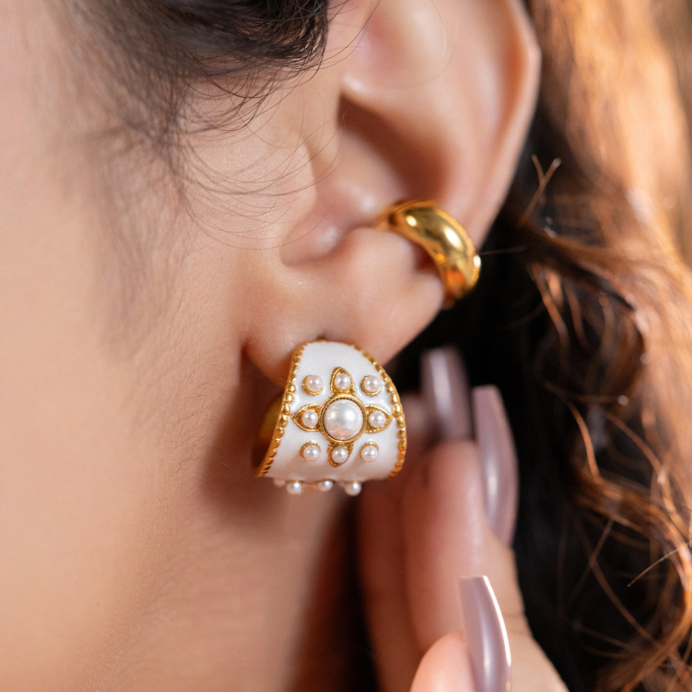 Pearl Pop Hoops – gold hoop earrings with white enamel and pearl accents