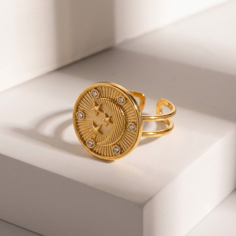 Moon & Star Coin Ring – adjustable gold ring
