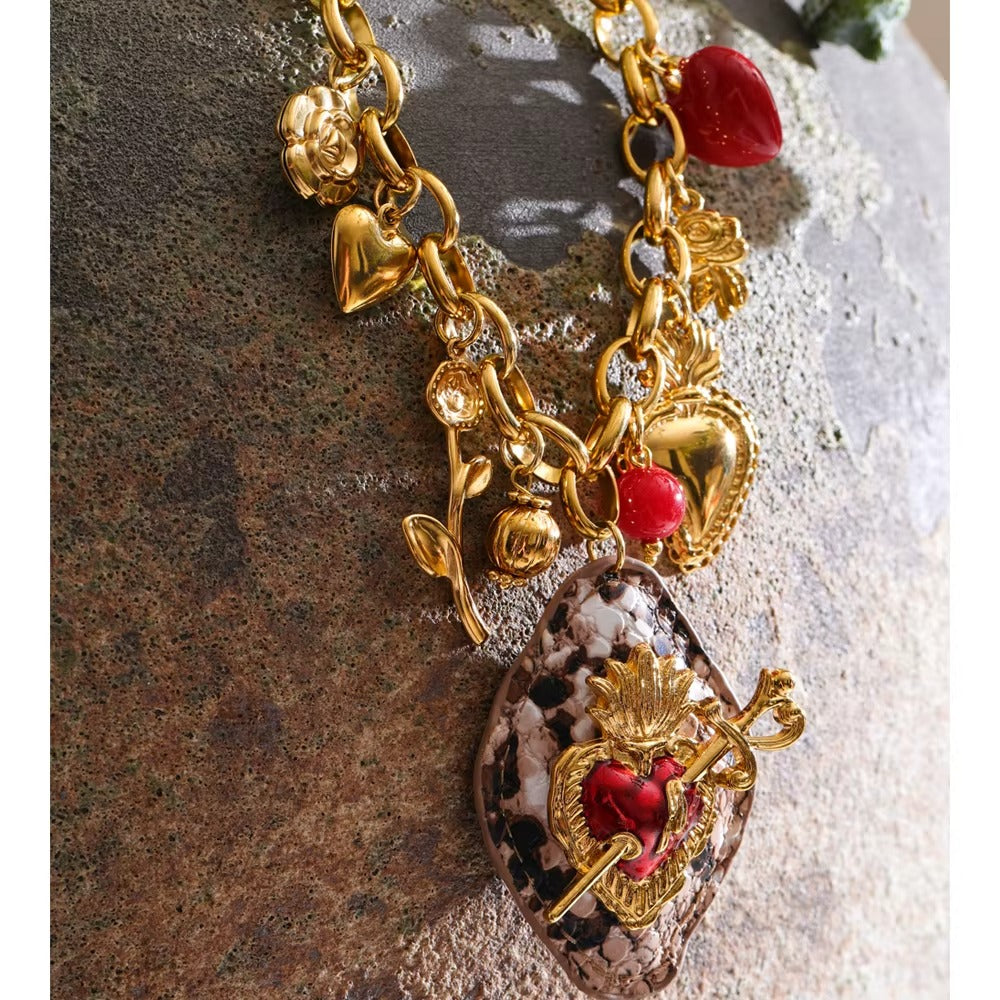 Sacred Heart Charm Necklace – gold necklace with enamel detail