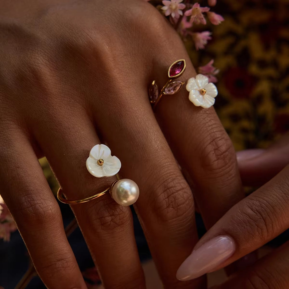 Pink Crystal & Flower ring (Pearl ring sold separately) 
