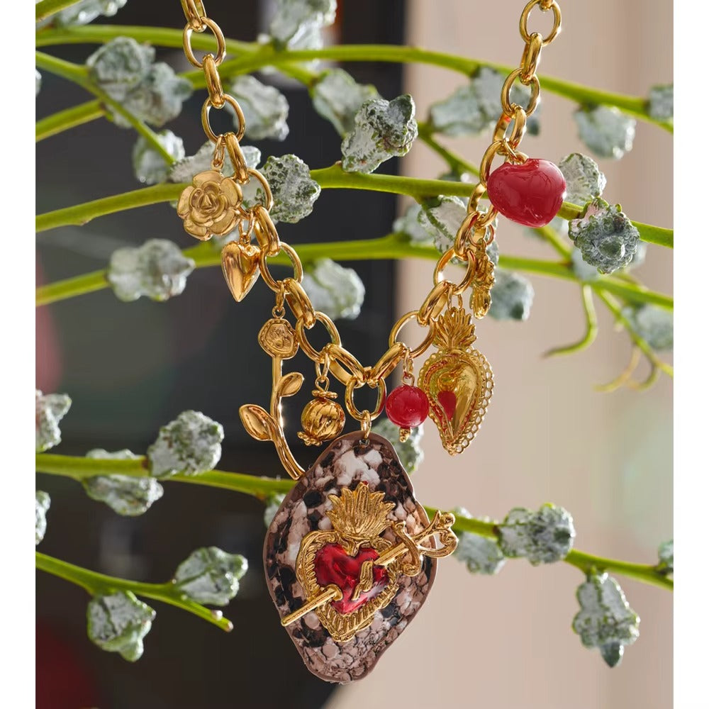 Sacred Heart Charm Necklace – gold necklace with enamel detail
