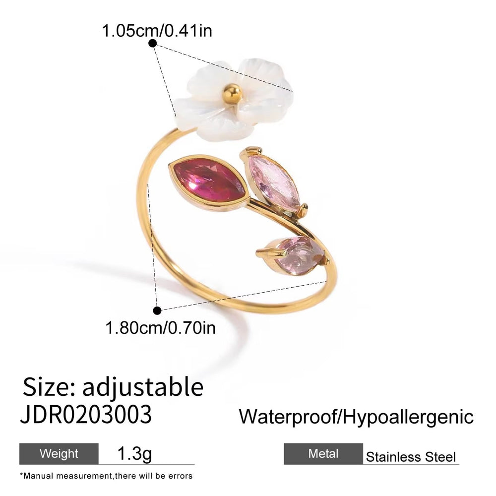 Pink Crystal & Flower Ring – adjustable gold ring