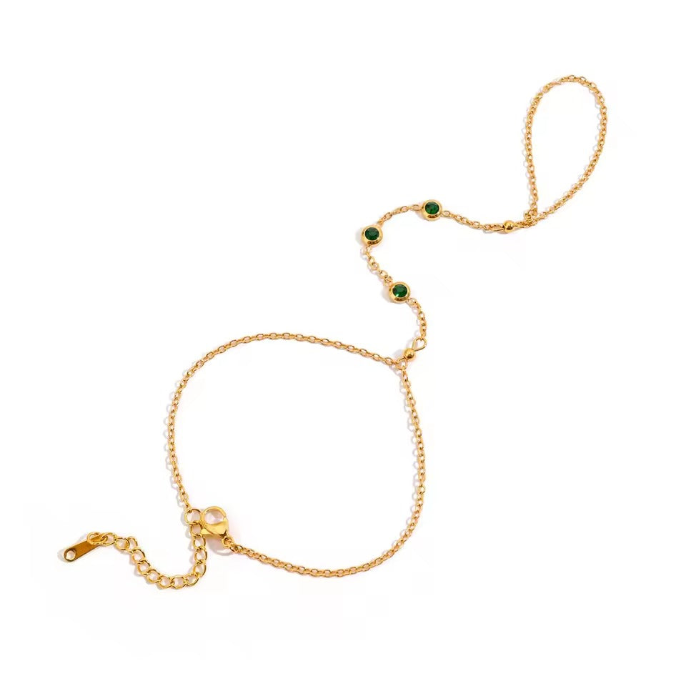 Emerald Link Hand Chain – gold hand chain with cubic zirconia stones