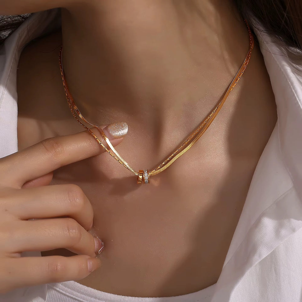 Layered Ring Pendant Necklace – gold necklace with cubic zirconia stones