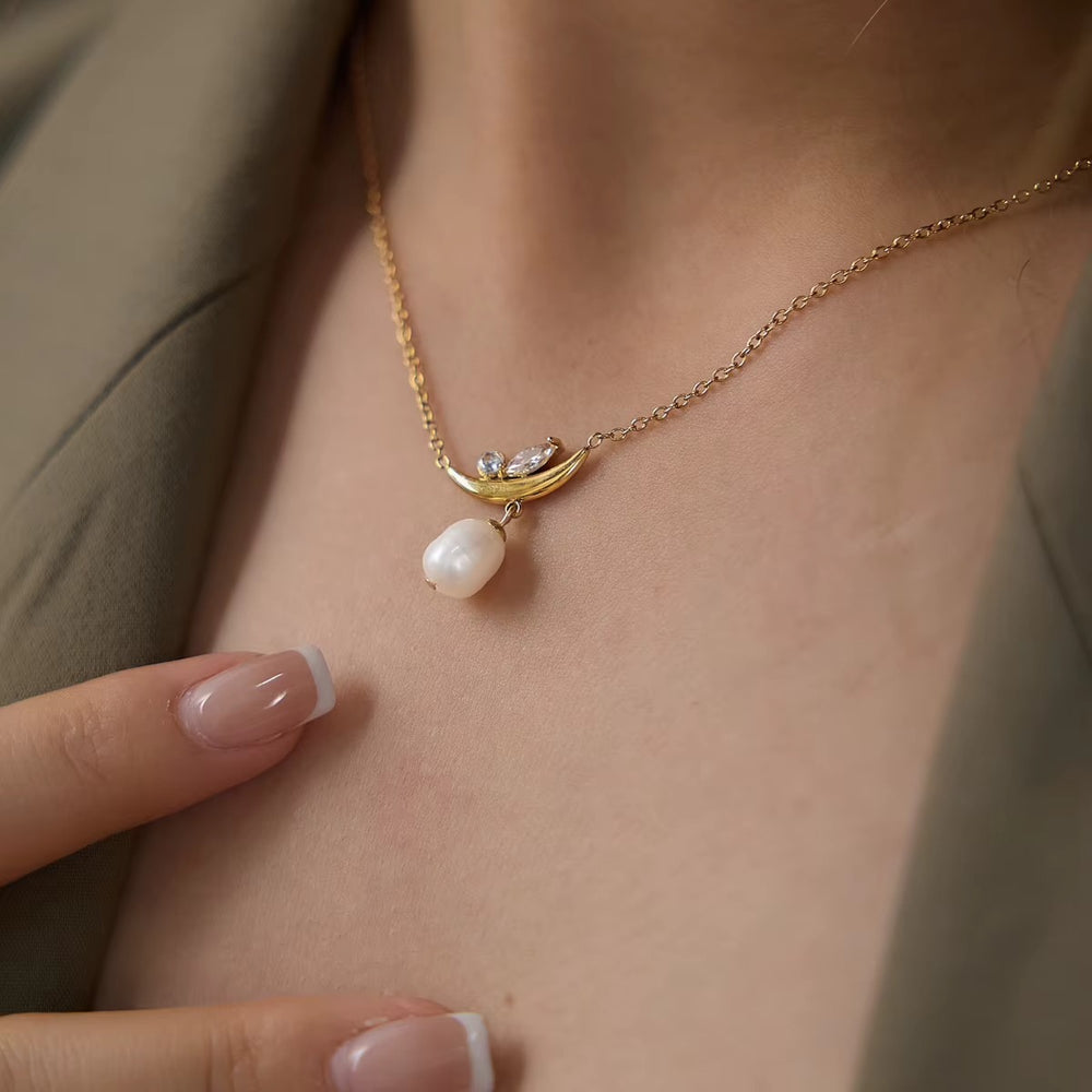 Pearl Crescent Necklace – gold necklace with cubic zirconia stones