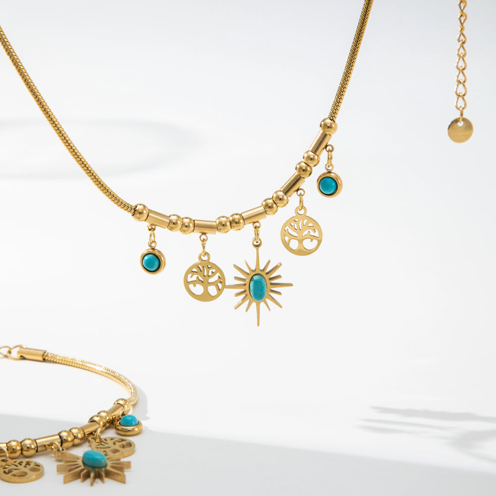 Boho Sun & Tree Charm Necklace – gold necklace