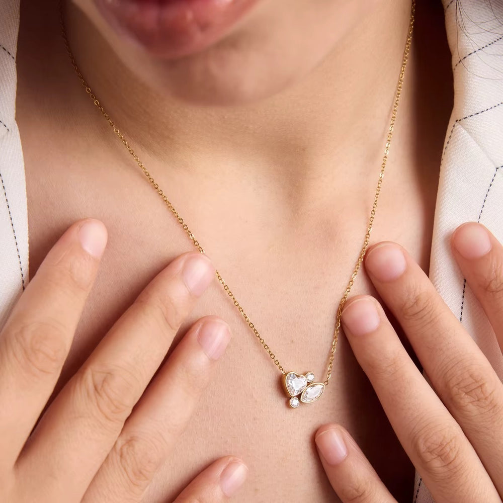 Floral Heart Crystal Necklace – gold necklace with cubic zirconia stones