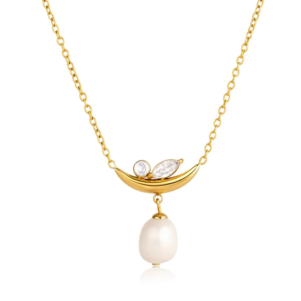 Pearl Crescent Necklace – gold necklace with cubic zirconia stones