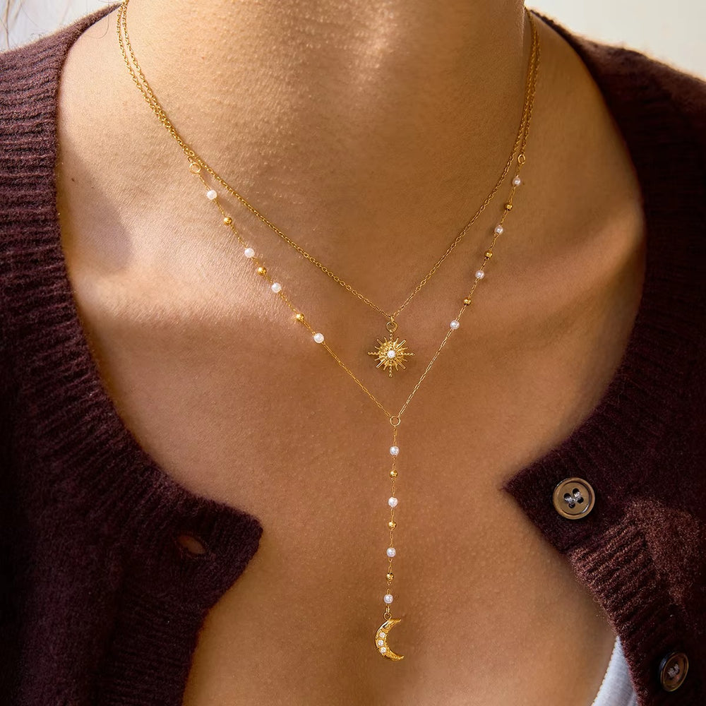 Cosmic Layered Necklace – double-layered gold sun and moon necklace