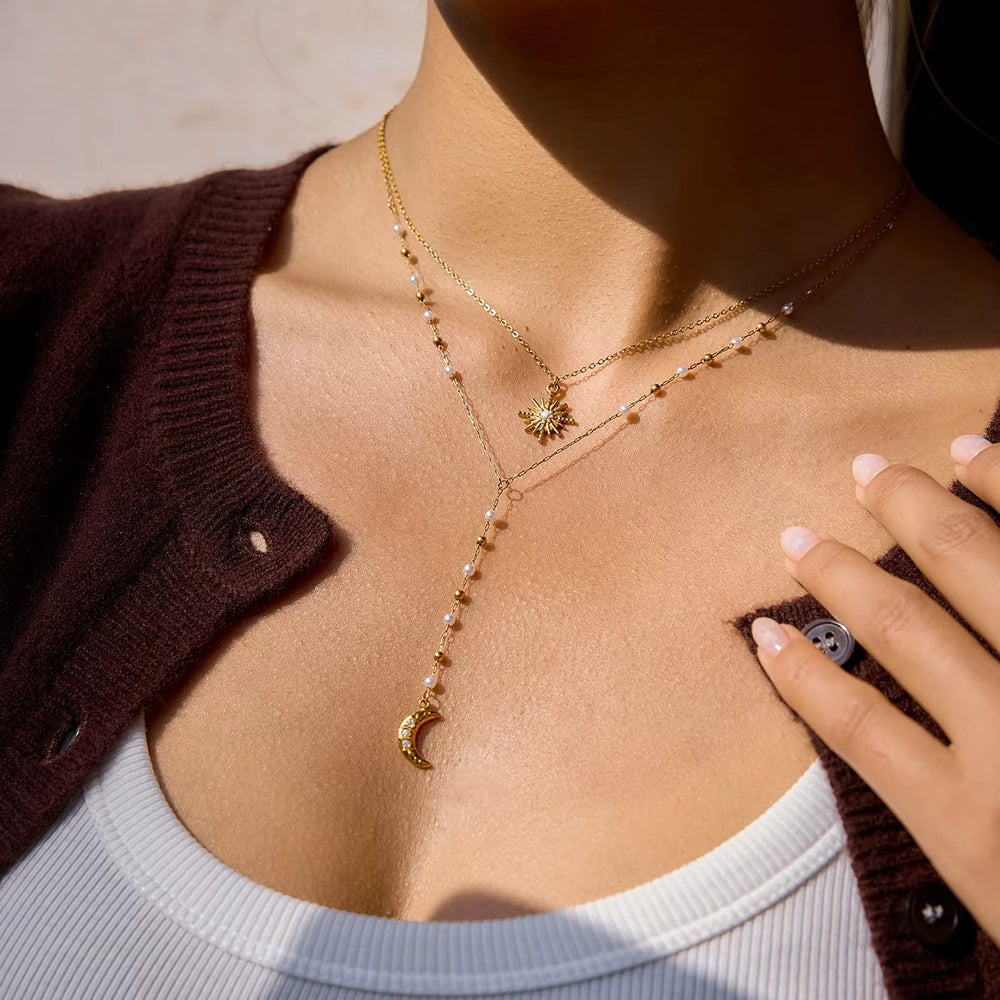 Cosmic Layered Necklace – double-layered gold sun and moon necklace