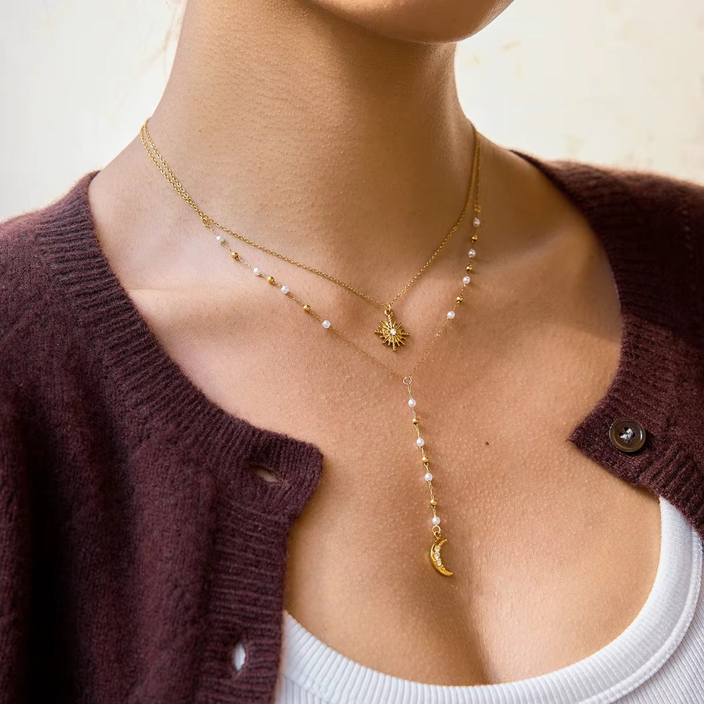 Cosmic Layered Necklace – double-layered gold sun and moon necklace