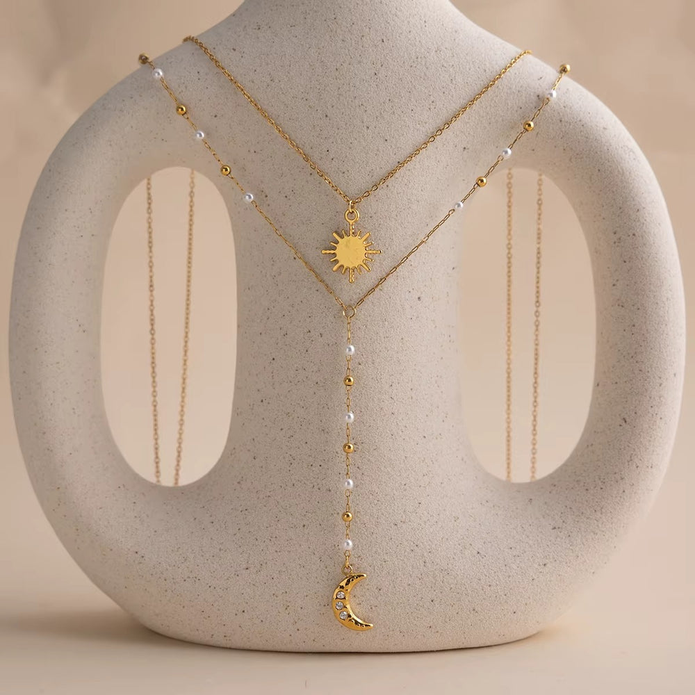 Cosmic Layered Necklace – double-layered gold sun and moon necklace