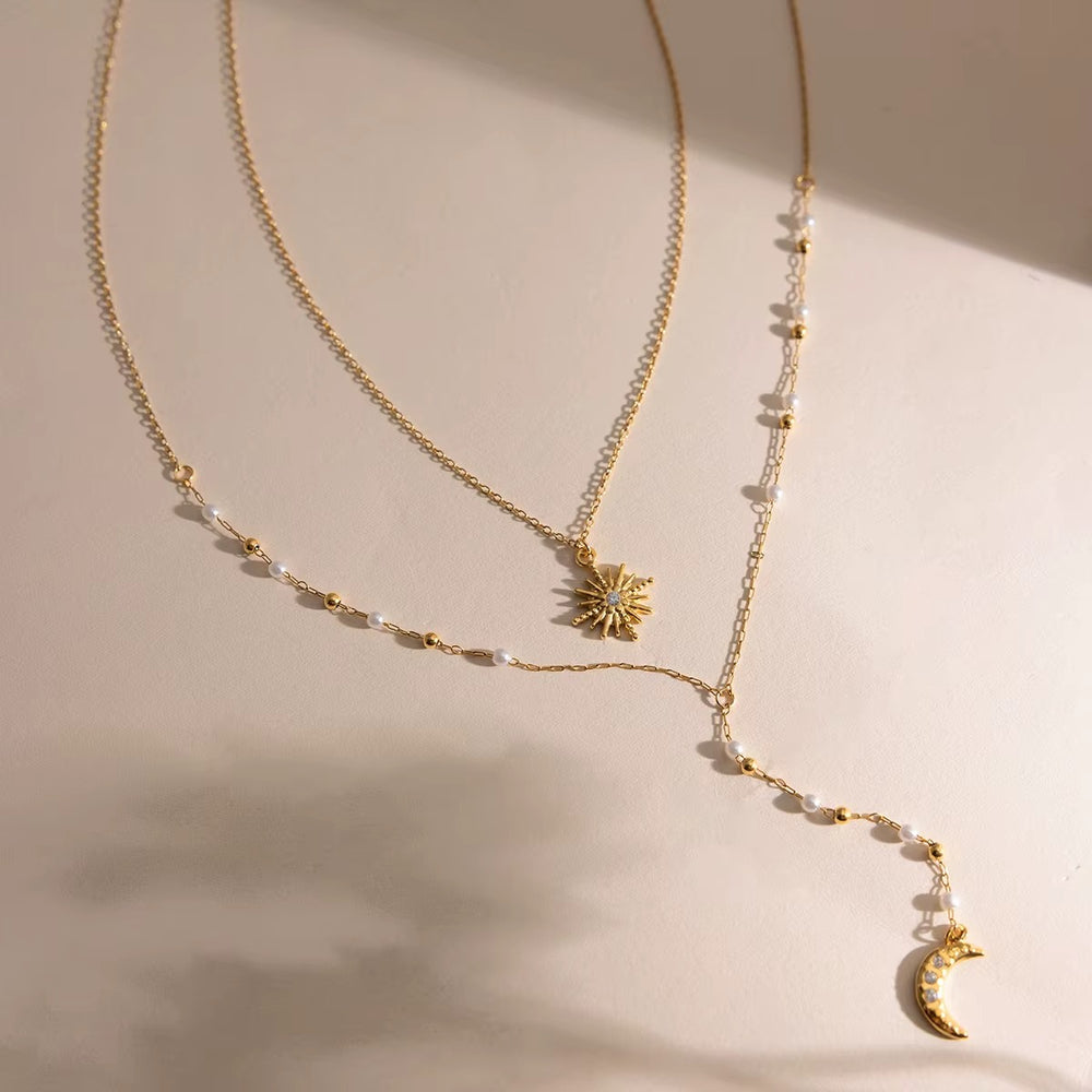 Cosmic Layered Necklace – double-layered gold sun and moon necklace