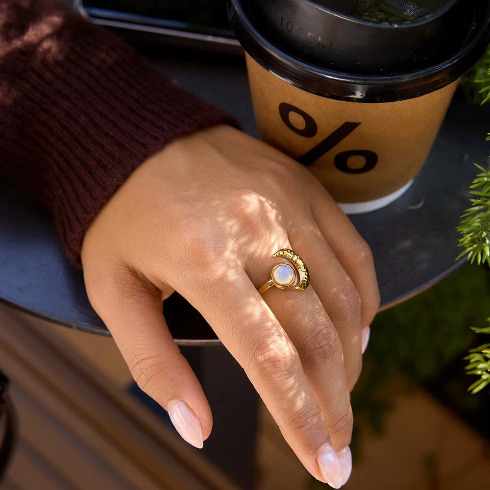 Opal Moon Ring – adjustable gold ring
