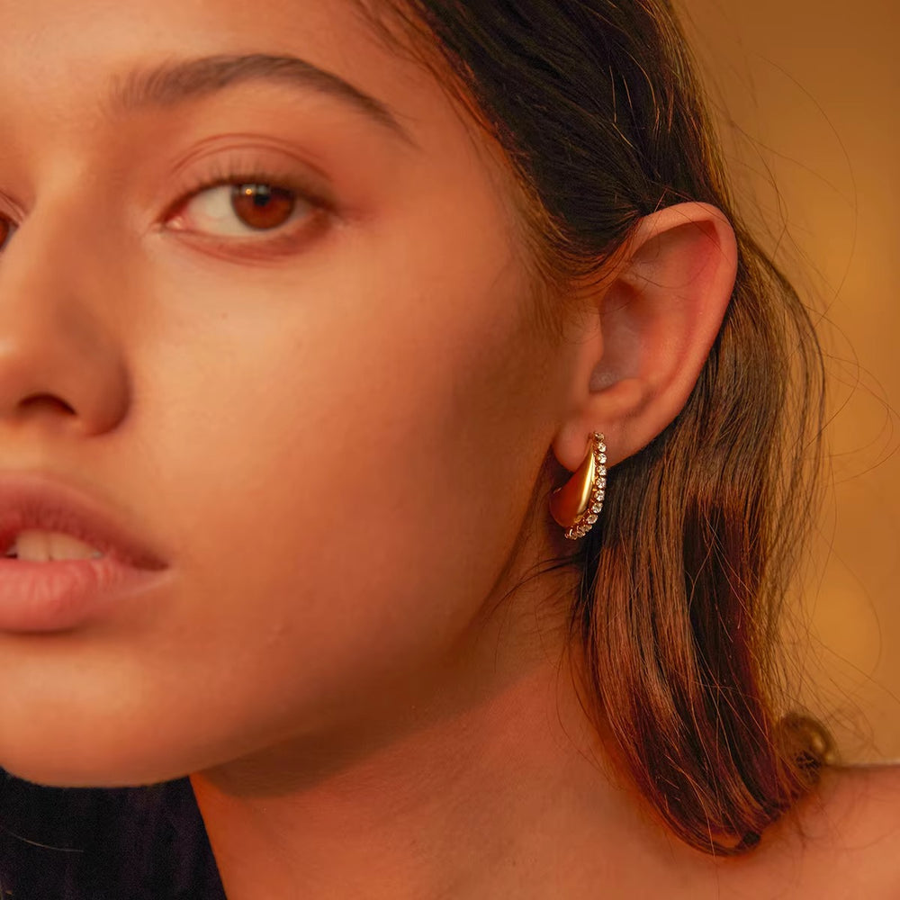 Crescent Half Hoops – gold hoop earrings with cubic zirconia stones