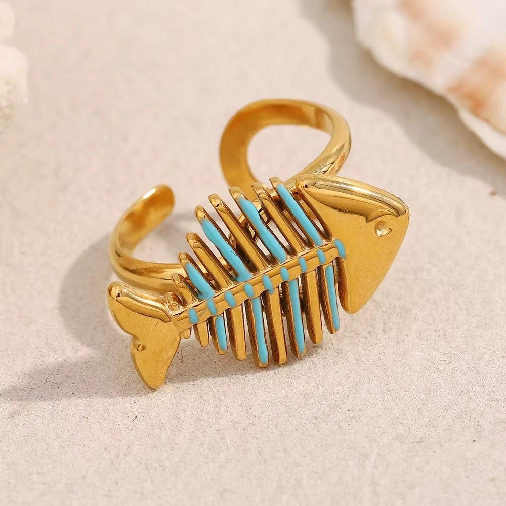 Lucky Fish Ring – adjustable gold fishbone ring with turquoise accents