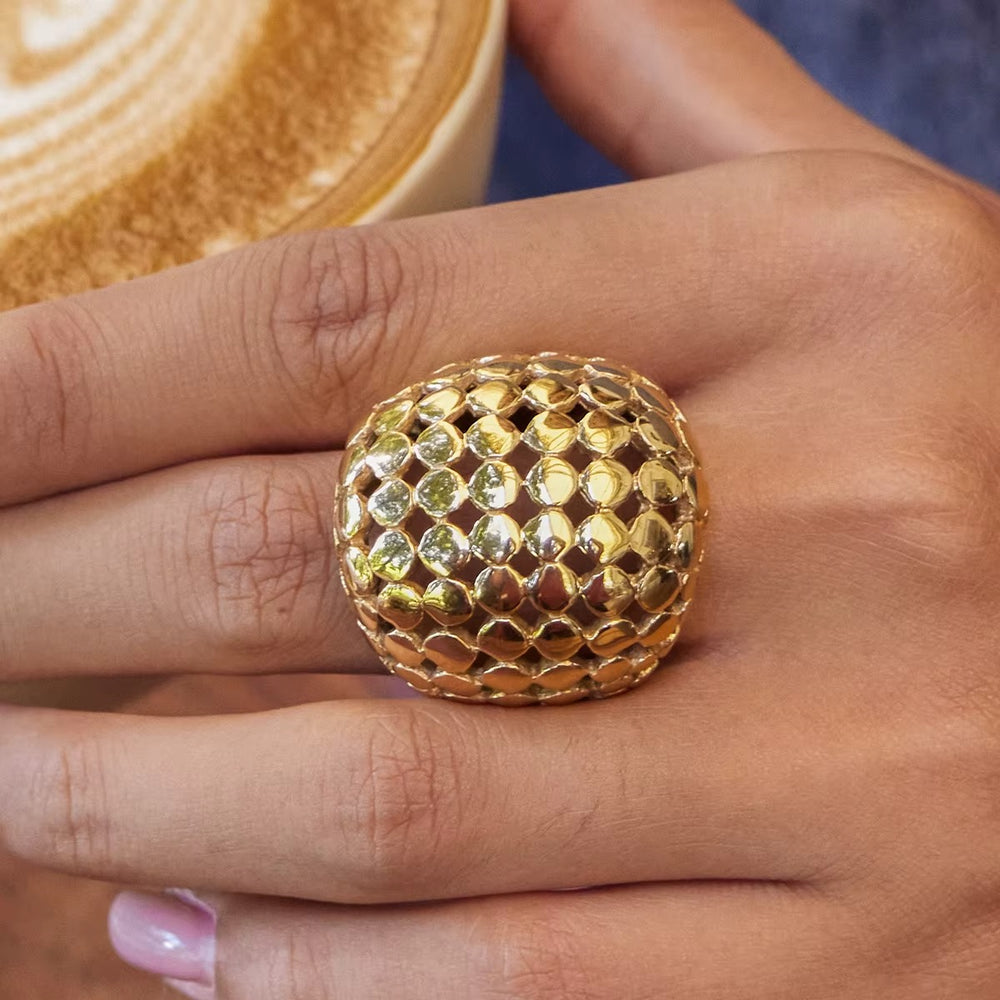 Honeycomb Latte Ring – gold dome statement ring with honeycomb texture