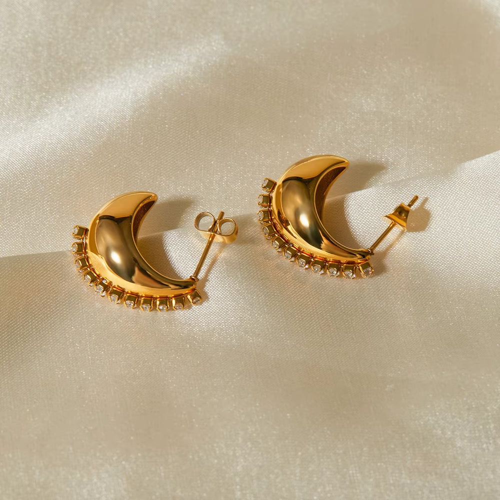 Crescent Half Hoops – gold hoop earrings with cubic zirconia stones