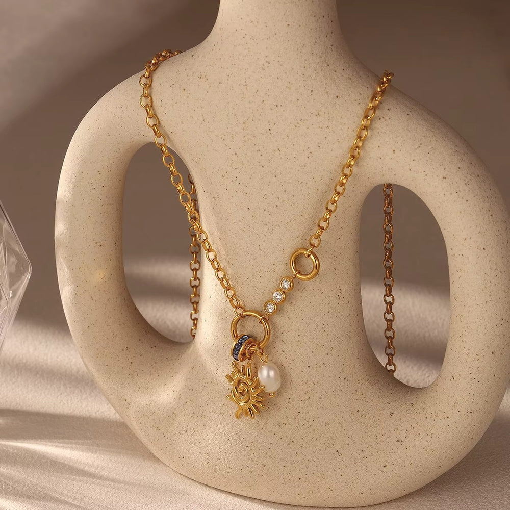 Sunbeam Pearl Charm Necklace – gold necklace with cubic zirconia stones