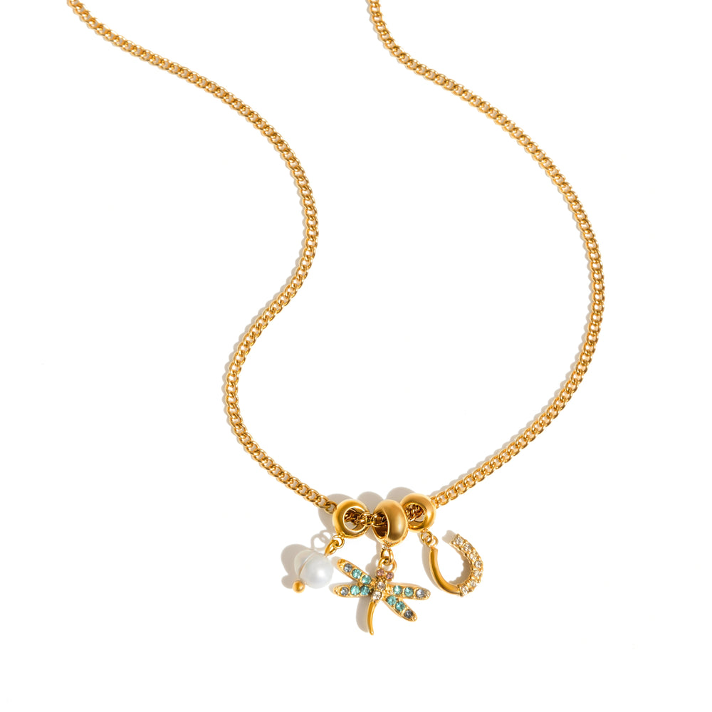 Dragonfly Charm Necklace – gold necklace with pearls