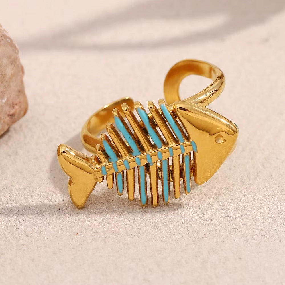 Lucky Fish Ring – adjustable gold fishbone ring with turquoise accents