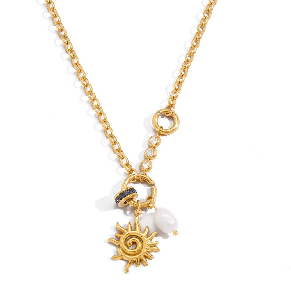 Sunbeam Pearl Charm Necklace – gold necklace with cubic zirconia stones