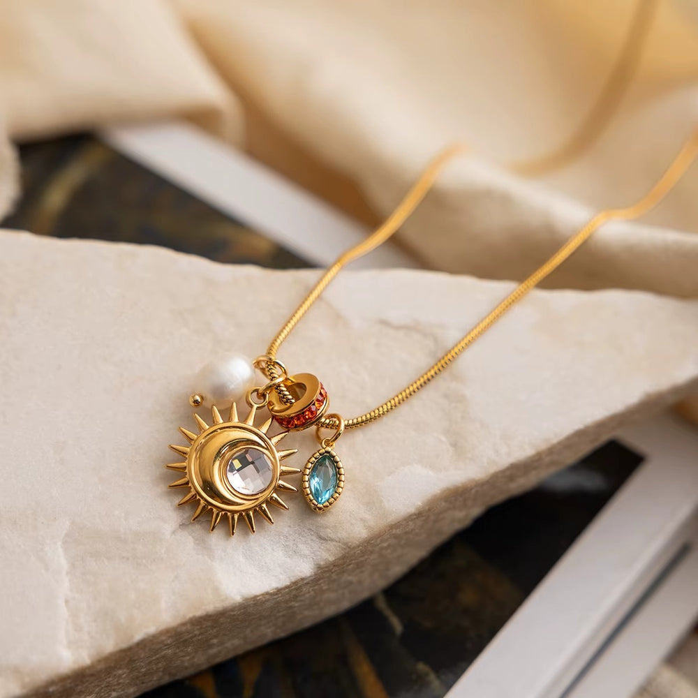 Sun Charm Necklace – gold necklace with pearls