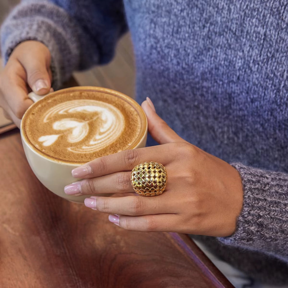 Honeycomb Latte Ring – gold dome statement ring with honeycomb texture