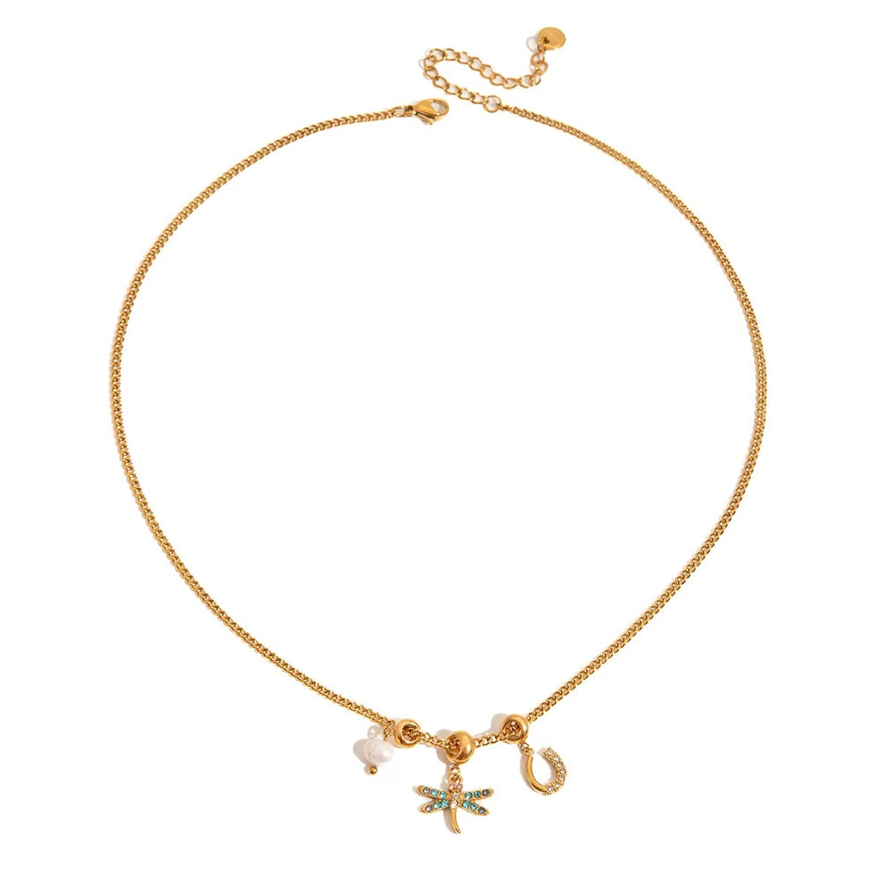 Dragonfly Charm Necklace – gold necklace with pearls