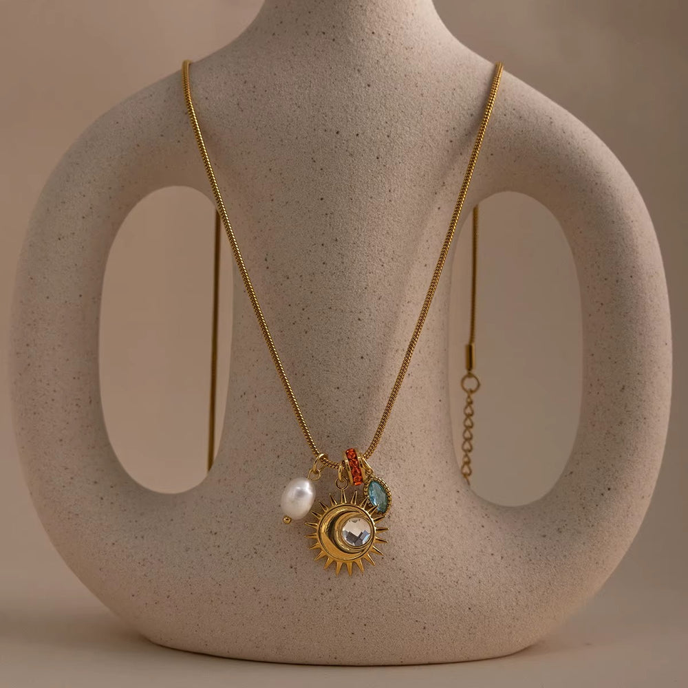 Sun Charm Necklace – gold necklace with pearls