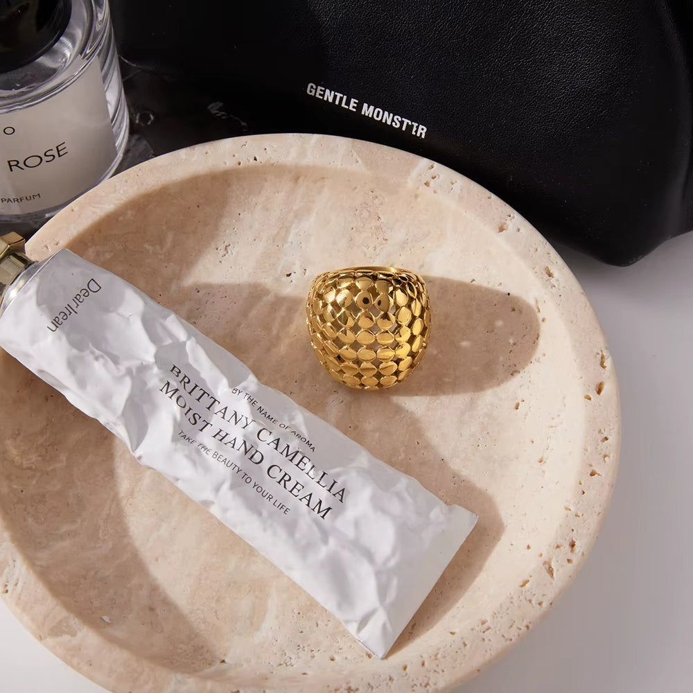 Honeycomb Latte Ring – gold dome statement ring with honeycomb texture