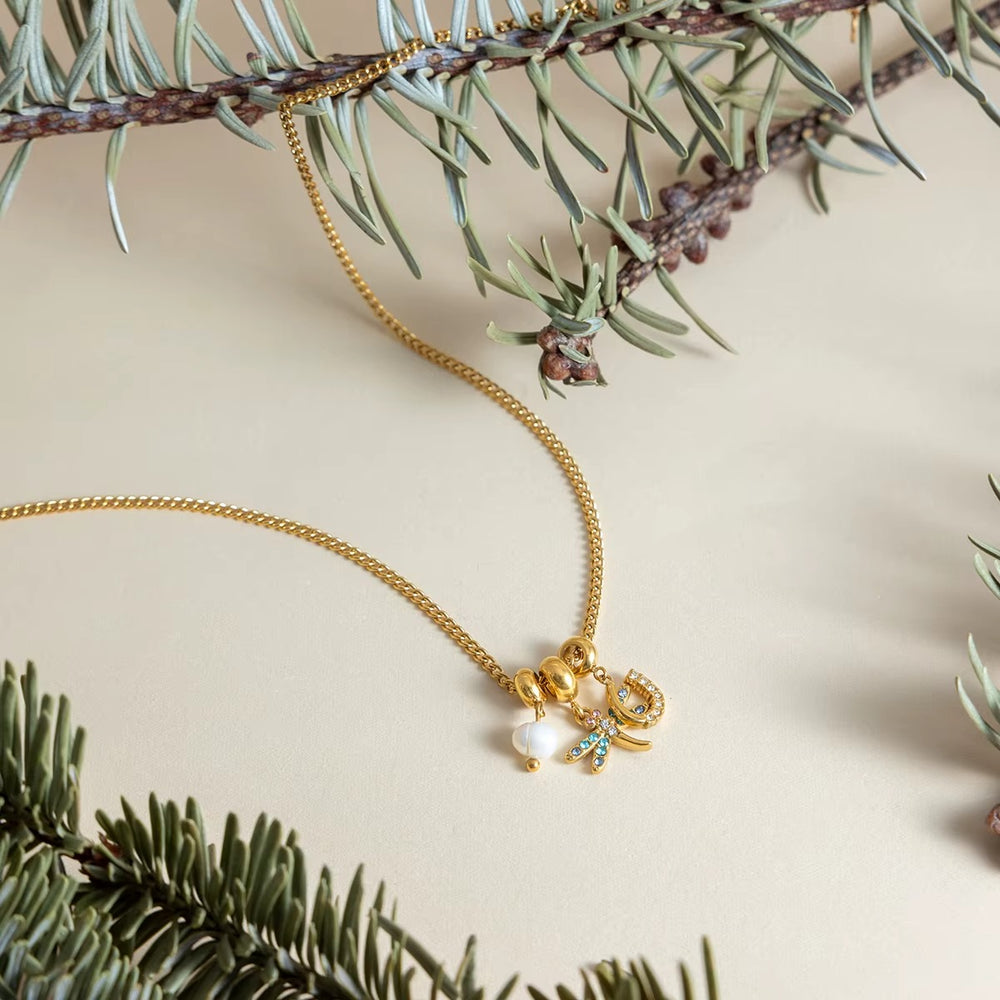 Dragonfly Charm Necklace – gold necklace with pearls