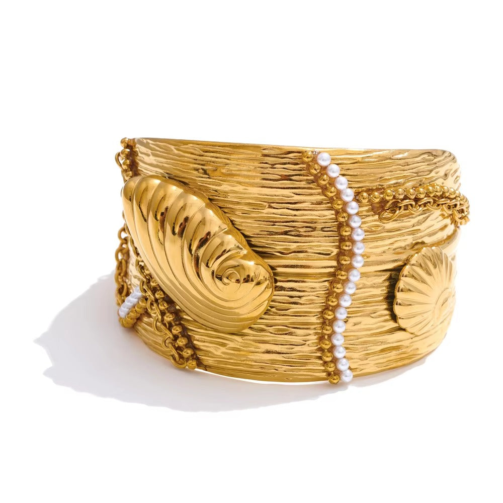 Ocean Treasure Cuff – adjustable gold bracelet with pearls