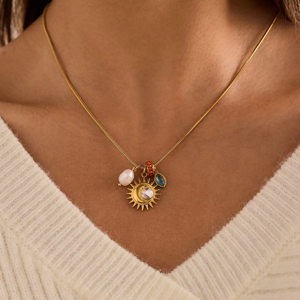 Sun Charm Necklace – gold necklace with pearls