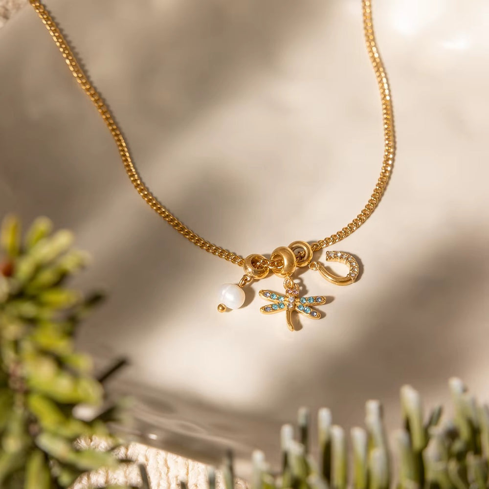 Dragonfly Charm Necklace – gold necklace with pearls