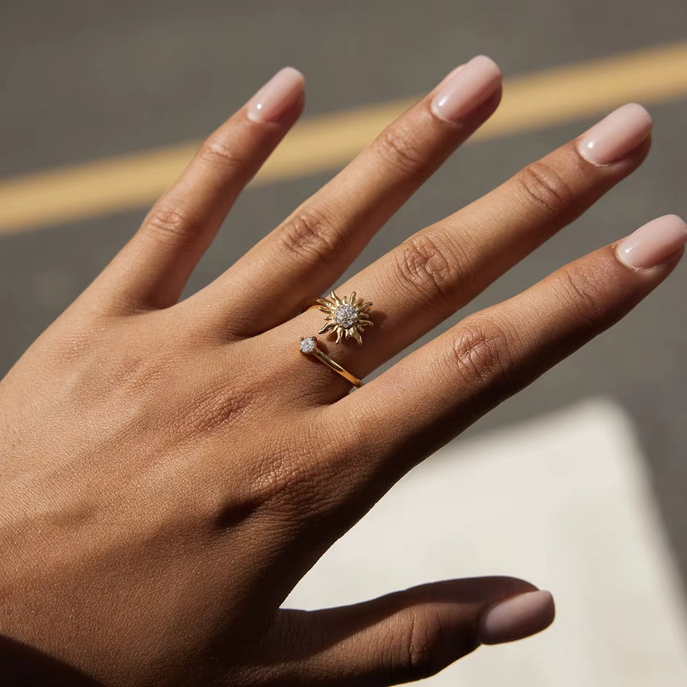 Sunburst Zircon Ring – adjustable gold ring with cubic zirconia stones