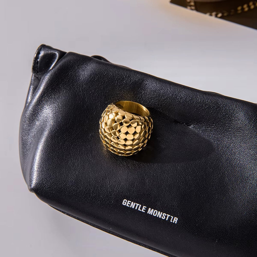 Honeycomb Latte Ring – gold dome statement ring with honeycomb texture