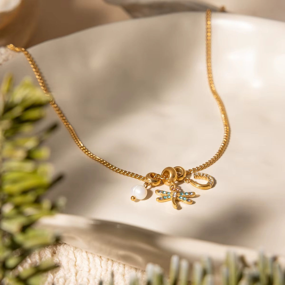 Dragonfly Charm Necklace – gold necklace with pearls